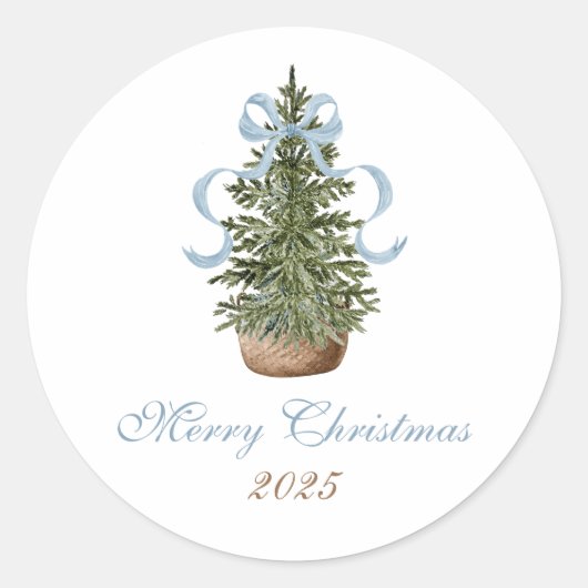 Sticker Rond Christmas Tree Preppy Bow Blue Christmas (Devant)
