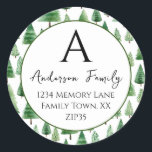 Sticker Rond Christmas Trees Adresse de famille<br><div class="desc">Lettre monogramme Colonne d'enveloppe de nom de famille. Motif de Noël amusant. Couleurs de police de script avec une police de nom serif facile à lire. Facile à adapter à vos propres besoins.</div>