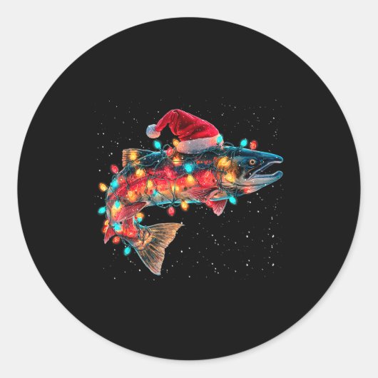 Sticker Rond Christmas Trout Fish Funny Fishing Santa Hat Light (Devant)