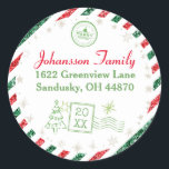 Sticker Rond Christmas Vintage Air Mail Parties scintillant Adr<br><div class="desc">Une magnifique bordure de parties scintillant de style vintage avec rayures rouges et vertes pour cette période de vacances. Ajoutez votre nom de famille et votre adresse. Utilisez comme autocollant d'adresse de retour sur vos colis de Noël. Éléments correspondants disponibles.</div>
