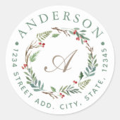 Sticker Rond Christmas Winter Berries Wreath Monogramme Adresse (Devant)