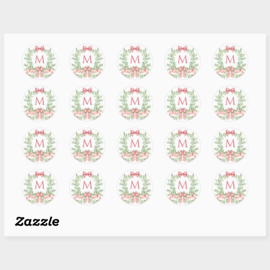 Sticker Rond Christmas Wreath Candy Cane Bow | Monogram (Feuille)