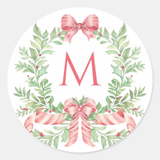 Sticker Rond Christmas Wreath Candy Cane Bow | Monogram (Devant)