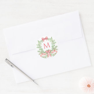 Sticker Rond Christmas Wreath Candy Cane Bow | Monogram