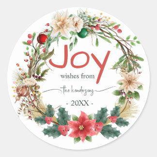 Sticker Rond Christmas Wreath Red Joy Rustic Typography Name