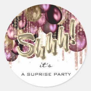 Sticker Rond Chut ! C'est Surprise Party Ballons Rose Gold Whit