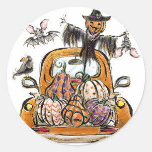 Sticker Rond Chute Citrouille Patuck avec chauve-souris épouvan