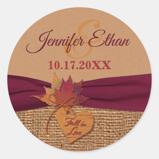 Sticker Rond Chute d'amour, Feuilles d'automne, Mariage Burlap (Devant)