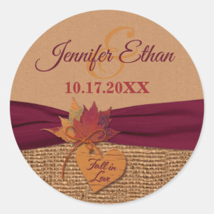 Sticker Rond Chute d'amour, Feuilles d'automne, Mariage Burlap