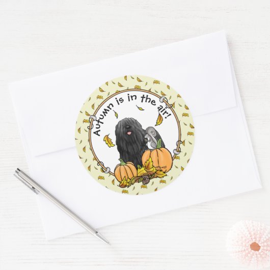 Sticker Rond Chute Puli Chien (noir) Citrouille Feuille mignon (Enveloppe)