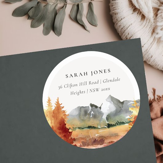 Sticker Rond Chute Rouille Orange Mountain Trees Adresse de rem