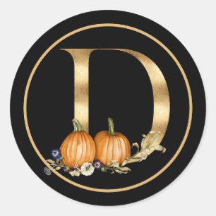 STICKER ROND CHUTE THÈME OR MONOGRAM D AVEC CITROUILLES