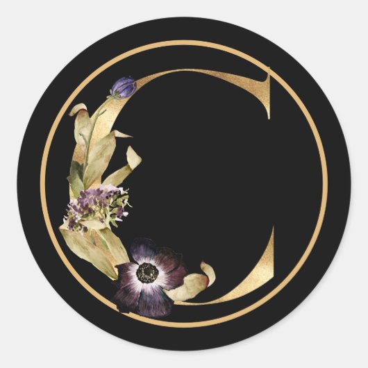 STICKER ROND CHUTE THÈME OR MONOGRAMME C AVEC ARRANGEMENT FLORA (Devant)