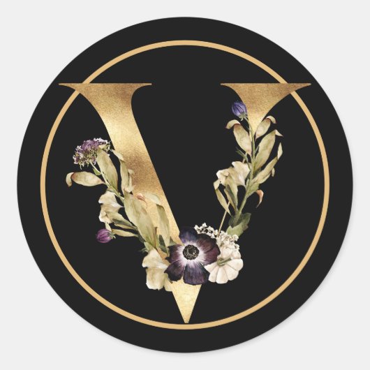 STICKER ROND CHUTE THÈME OR MONOGRAMME V AVEC FLEURS (Devant)