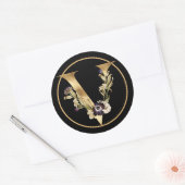 STICKER ROND CHUTE THÈME OR MONOGRAMME V AVEC FLEURS (Enveloppe)