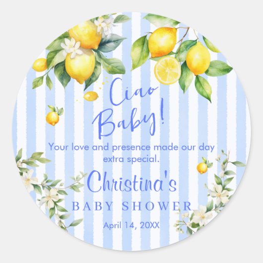 Sticker Rond Ciao Baby Blue Stripe Lemon Baby Shower Thank you (Devant)