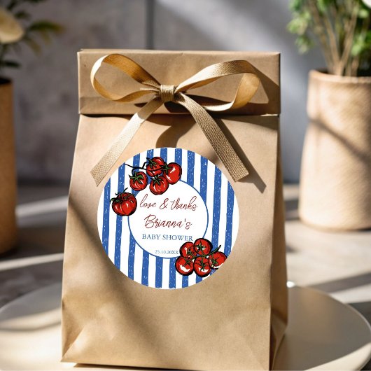 Sticker Rond Ciao baby tomato blue Italian baby shower favor