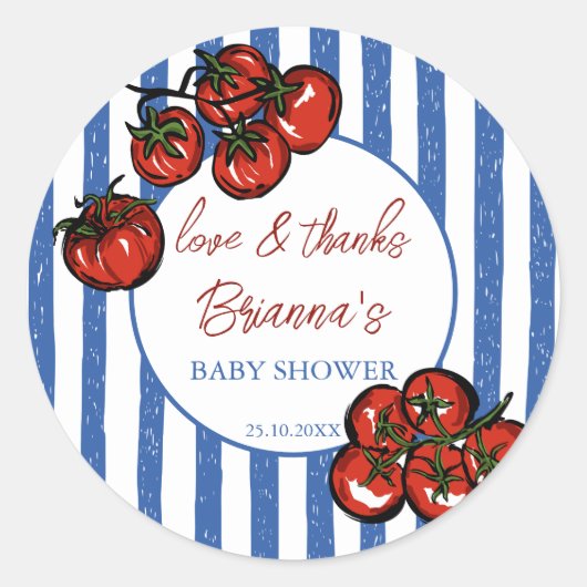 Sticker Rond Ciao baby tomato blue Italian baby shower favor (Devant)