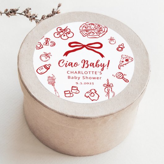Sticker Rond Ciao Baby Whimsical Red Bow Baby Shower