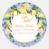 Sticker Rond Ciao Bella Carreaux Bleus au Citron Italien Shower (Devant)
