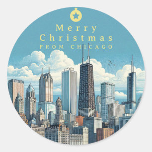 Sticker Rond Ciel de Chicago Bleu Joyeux Noël Vacances
