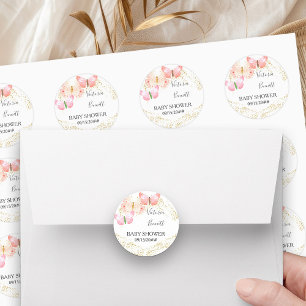 Sticker Rond Cieux Papillon Confettis Rose Corail Or 