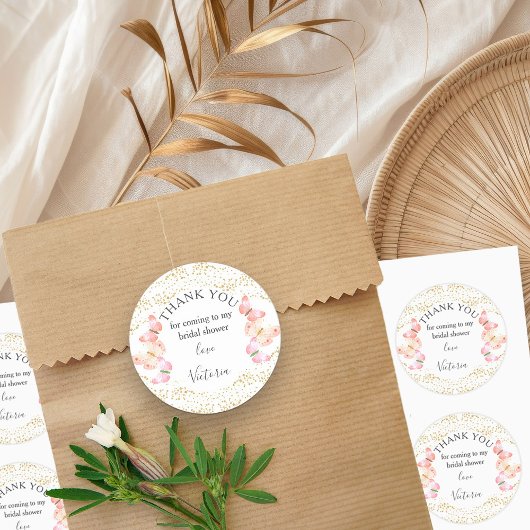 Sticker Rond Cieux Papillon Remerciement Confettis Or Corail