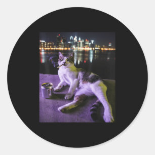 Sticker Rond Cigarette Kitten Drôle Fumer Chat Mème Bra Stupide