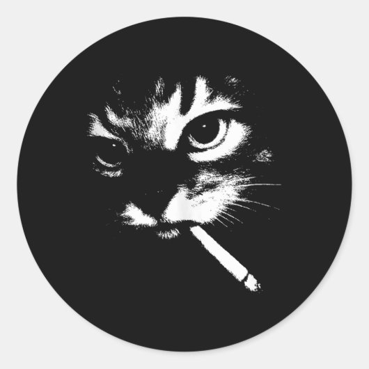 Sticker Rond Cigarette Kitten Drôle Fumer Mème Chat Gangster C (Devant)