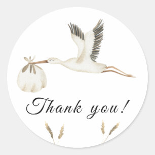 Sticker Rond Cigogne aquarelle pour la baby shower Merci