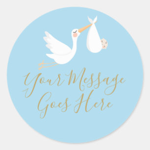 Sticker Rond Cigogne de livraison spéciale et bébé bleu