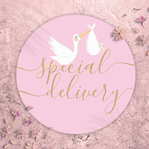 Sticker Rond Cigogne Livraison Spéciale et Bébé Rose