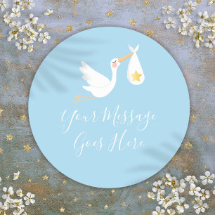 Sticker Rond Cigogne Livraison Spéciale Étoile d'Or Bébé Bleu