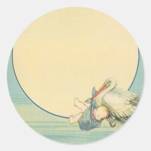 Sticker Rond Cigogne vintage portant un bébé garçon dans une co