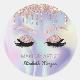 Sticker Rond Cils Faux Pailletés, Gouttes Rose Doré Holographiq