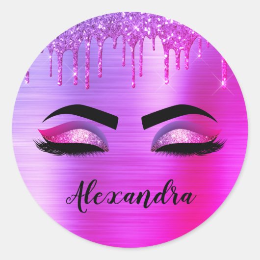 Sticker Rond Cils Monogramme Nom Paillettes Violet (Devant)
