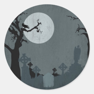 Sticker Rond Cimetière et Pleine lune pour Halloween