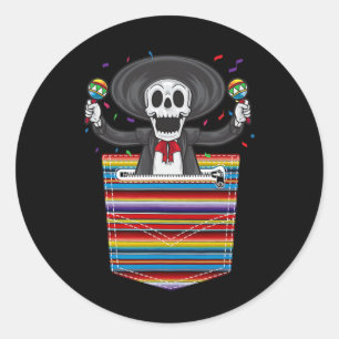 Sticker Rond Cinco De Mayo 2025 Calaca Poche Blanche Serape Me