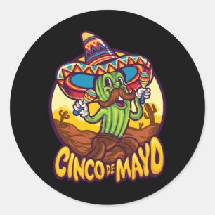 Sticker Rond Cinco De Mayo Cactus Sombrero Mexique