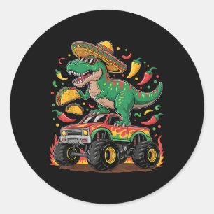 Sticker Rond Cinco De Mayo Dinosaur Taco Monster Truck Sombrero