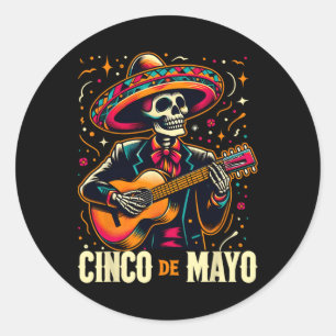 Sticker Rond Cinco De Mayo Skeleton Skull Sombrero Guitar Mexiq