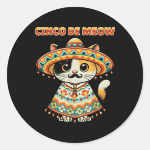 Sticker Rond Cinco De Meow Drôle Chat Sombrero Humour Fiesta