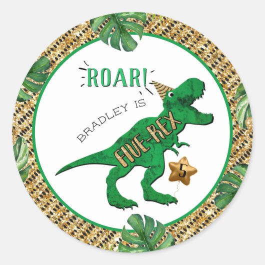 Sticker Rond Cinq Rex Dinosaur 5e anniversaire (Devant)