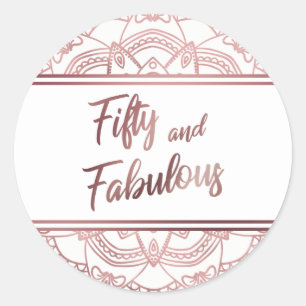 Sticker Rond Cinquante ans et Fabuleux Faux Mandala en Or Rose
