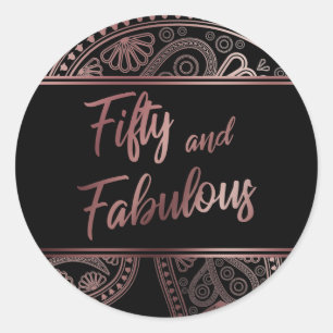 Sticker Rond Cinquante ans et Fabuleux Faux Or Rose et Paisley