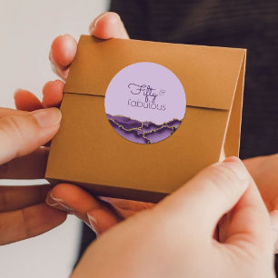 Sticker Rond Cinquante ans et Fabuleux Lettre Violet Or Faveur