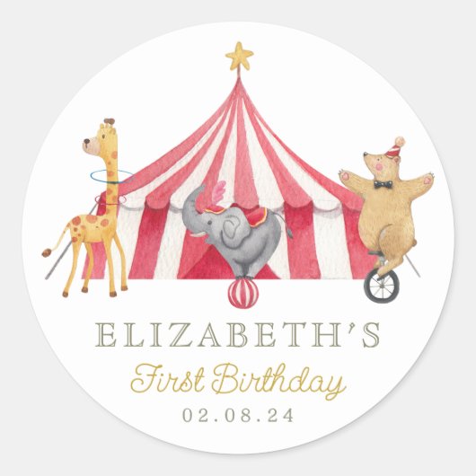 Sticker Rond Cirque Aquarelle Anniversaire animaux mignons (Devant)