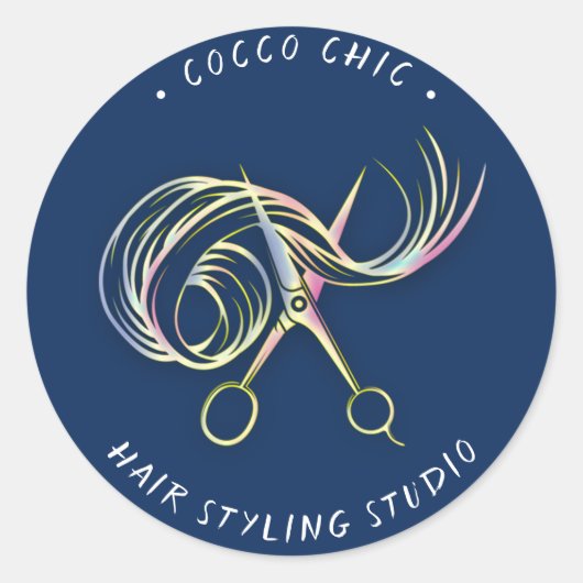 Sticker Rond Ciseaux Coiffure Nom du logo Merci Blue Navy Custo (Devant)