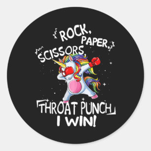 Sticker Rond Ciseaux de papier roche Throat Punch I Win Unicorn