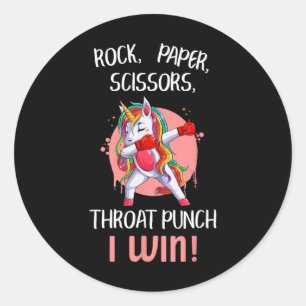 Sticker Rond Ciseaux de papier roche Throat Punch I Win Unicorn